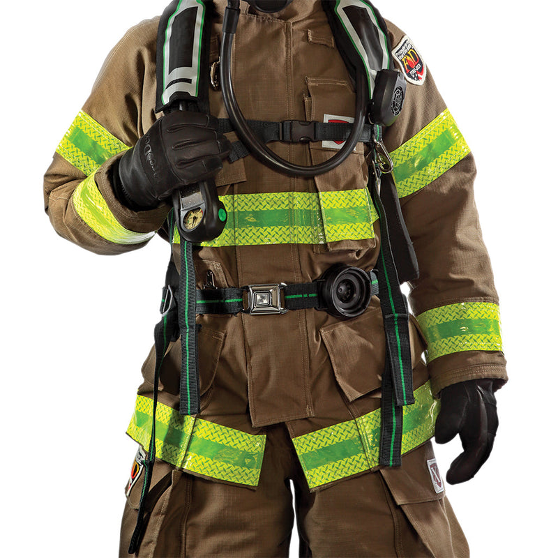 Firefighter in structural turnout gear wearing black protective gloves