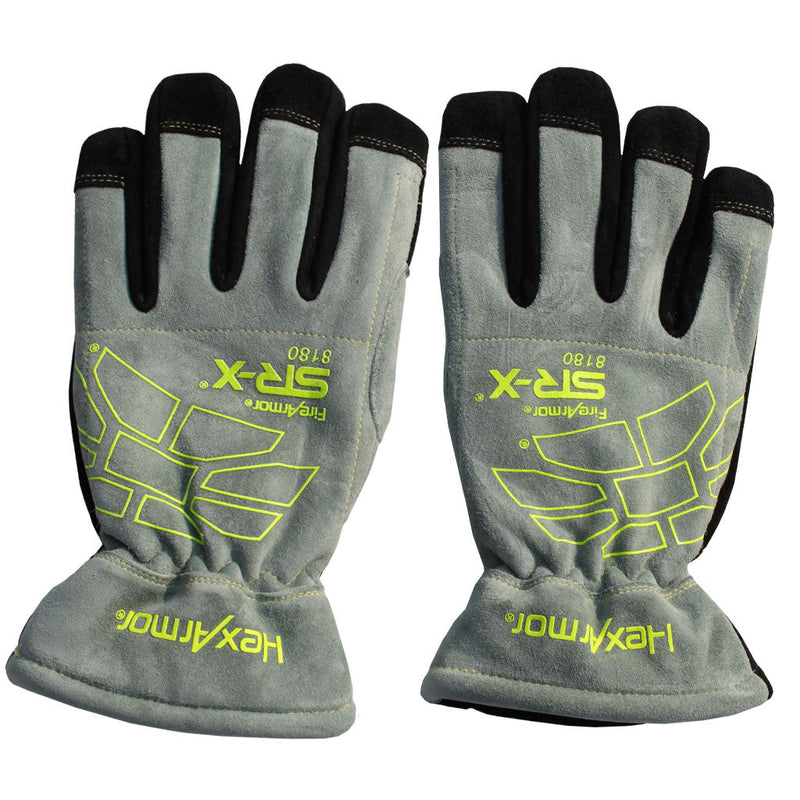 Two HexArmor FireArmor SR-X 8180 gray gauntlet gloves viewed from above