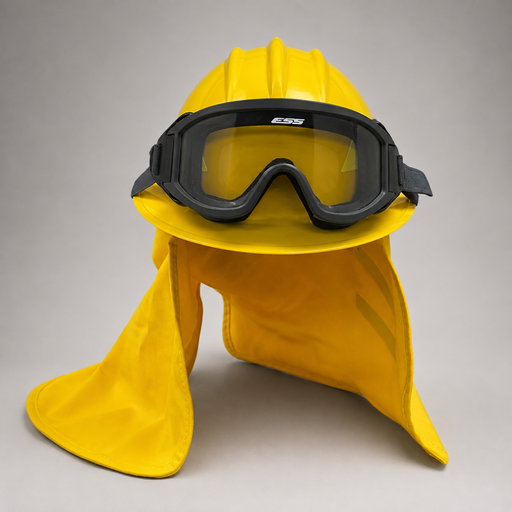 Front view of yellow Bullard Wildfire full-brim wildland firefighting helmet with reflective striping