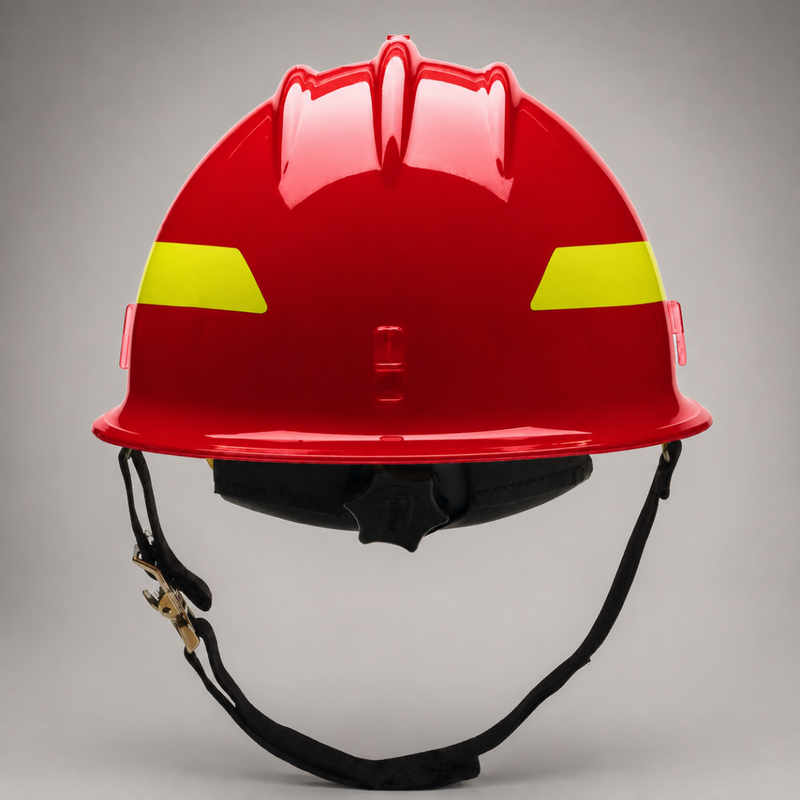 Rear view of red Bullard Wildfire helmet showing ratchet adjustment and chin strap