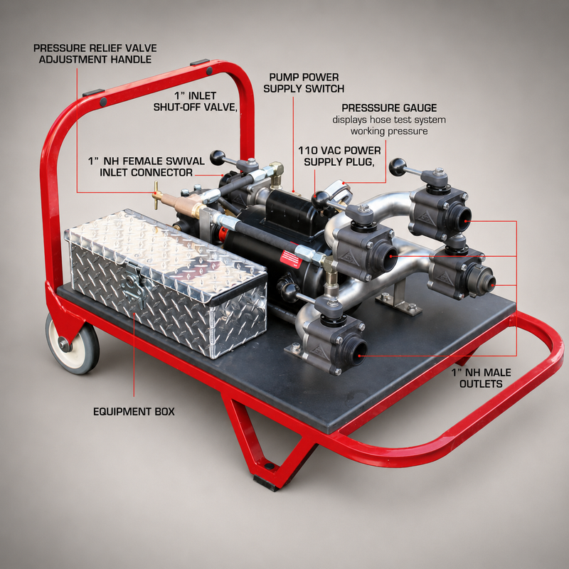 Cascade Fire Hose Tester with labeled pressure relief valve, pressure gauge, power supply, inlet connector and four NH outlets