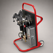 Cascade Fire Hose Tester in upright wheeled position showing four hose outlets, pump assembly and equipment box
