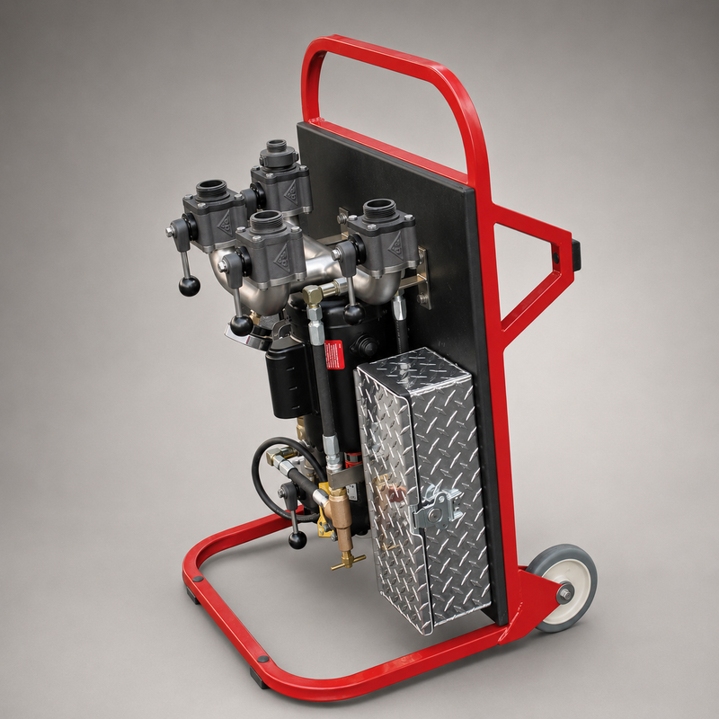 Cascade Fire Hose Tester in upright wheeled position showing four hose outlets, pump assembly and equipment box