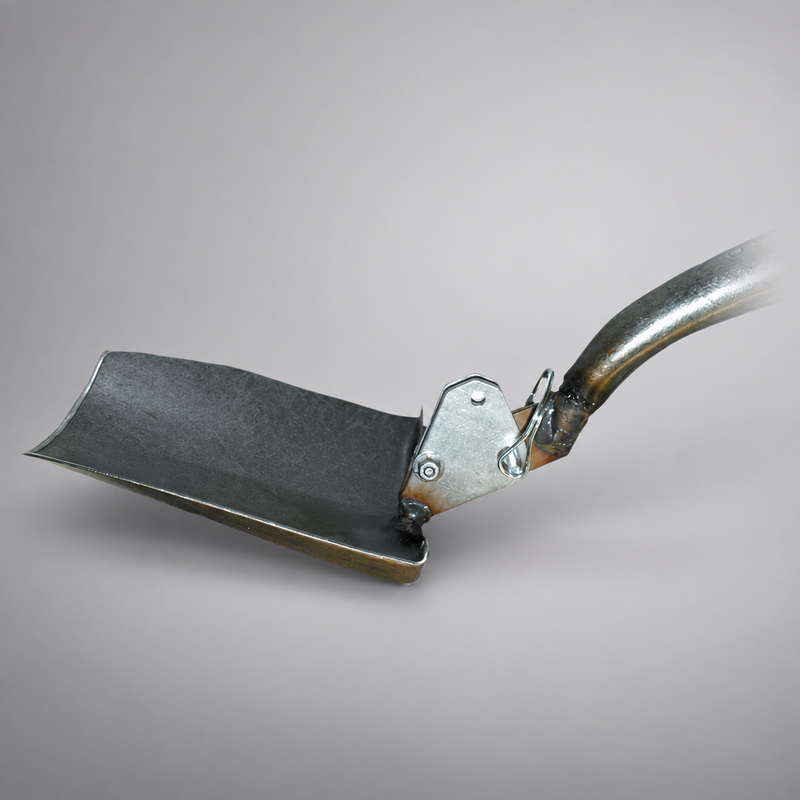 Close-up of Cascade Hoe-Shovel forged blade and adjustable snapper-pin mechanism