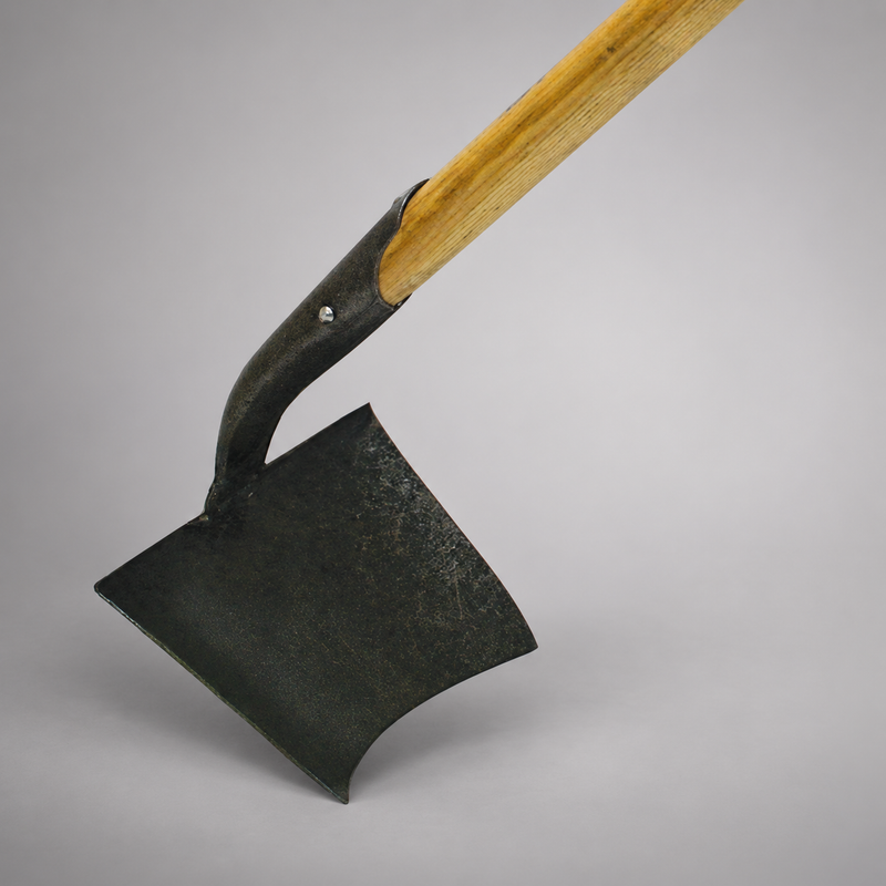 Close-up of curved sharpened blade and forged solid shank on Cascade Rhino wildland fire tool