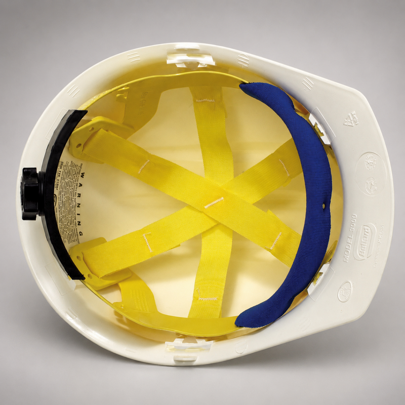 Interior view of Bullard Wildfire helmet showing installed ratchet suspension and crown straps