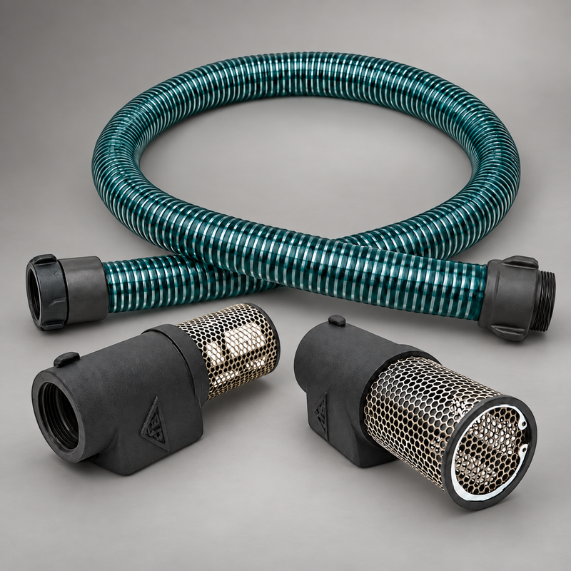 Coiled coupled PVC suction hose with front and side views of a Cascade foot valve and strainer on a soft gray background.