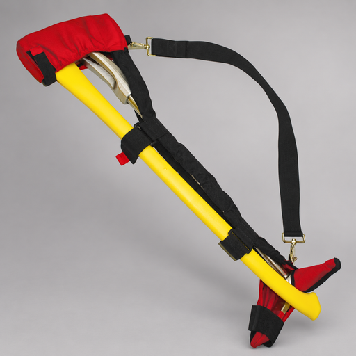 Red and black Deluxe sling carrying a flat-head axe and Hooligan tool with an adjustable shoulder strap