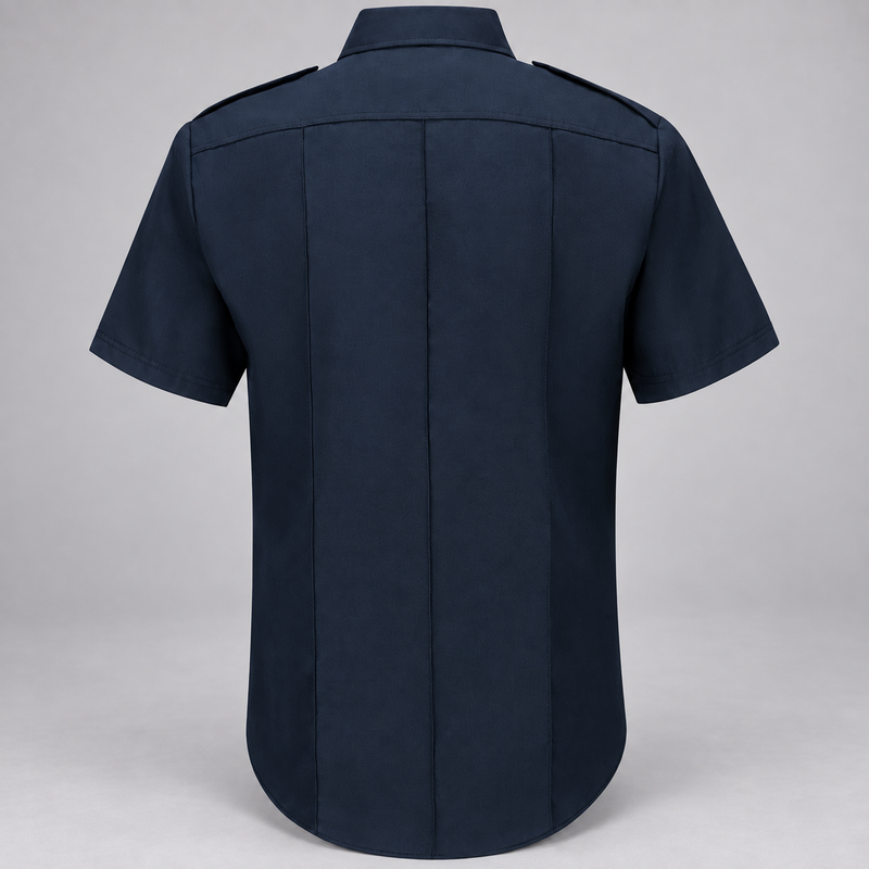 Workrite FSC6 men's classic short sleeve Fire Chief uniform shirt in Midnight Navy, back view on light gray studio background