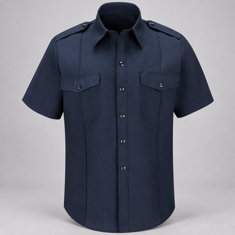 Workrite FSC6 men's classic short sleeve Fire Chief uniform shirt in Midnight Navy, front view on light gray studio background