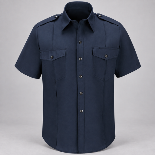 Workrite FSC6 men's classic short sleeve Fire Chief uniform shirt in Midnight Navy, front view on light gray studio background