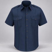 Workrite FSC6 men's classic short sleeve Fire Chief uniform shirt in Navy, front view on light gray studio background