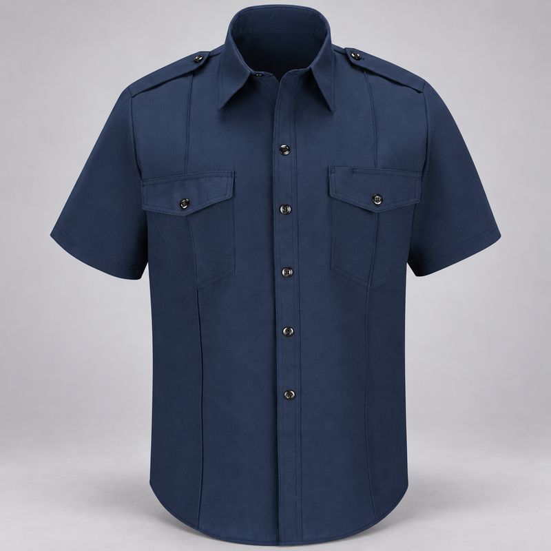 Workrite FSC6 men's classic short sleeve Fire Chief uniform shirt in Navy, front view on light gray studio background