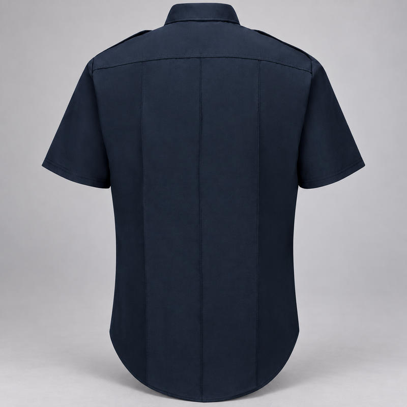 Workrite FSE2 men's classic short sleeve fire officer shirt in Midnight Navy, back view on light gray background