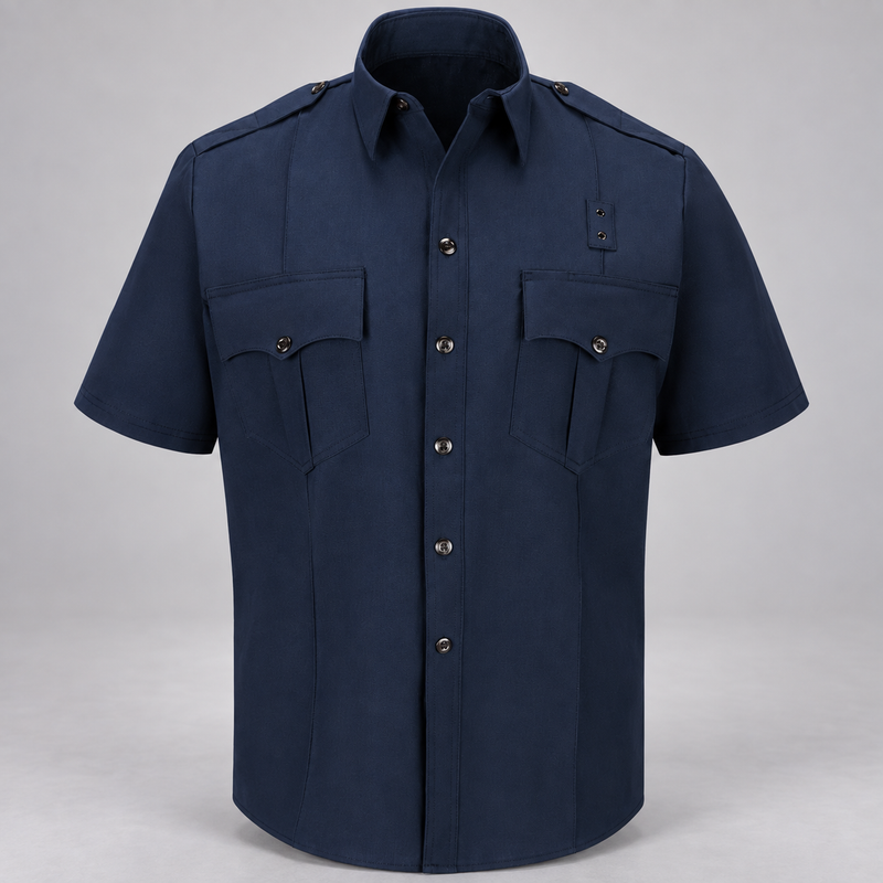 Workrite FSE2 men's classic short sleeve fire officer shirt in Midnight Navy, front view on light gray background