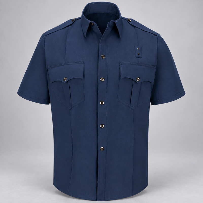 Workrite FSE2 men's classic short sleeve fire officer shirt in Navy, front view on light gray background