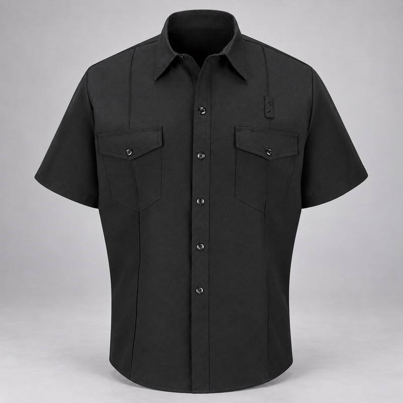 Workrite FSF2 men's classic short sleeve firefighter shirt in Black, front view on light gray background