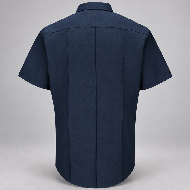 Workrite FSF2 men's classic short sleeve firefighter shirt in Midnight Navy, back view on light gray background