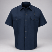Workrite FSF2 men's classic short sleeve firefighter shirt in Midnight Navy, front view on light gray background