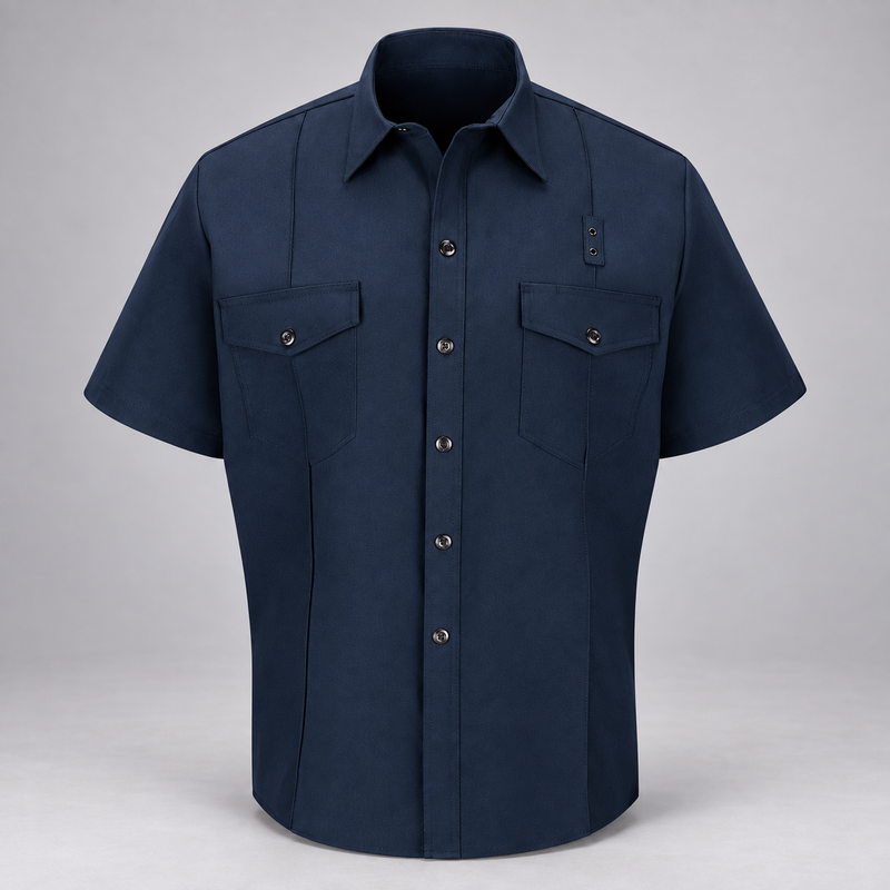 Workrite FSF2 men's classic short sleeve firefighter shirt in Midnight Navy, front view on light gray background