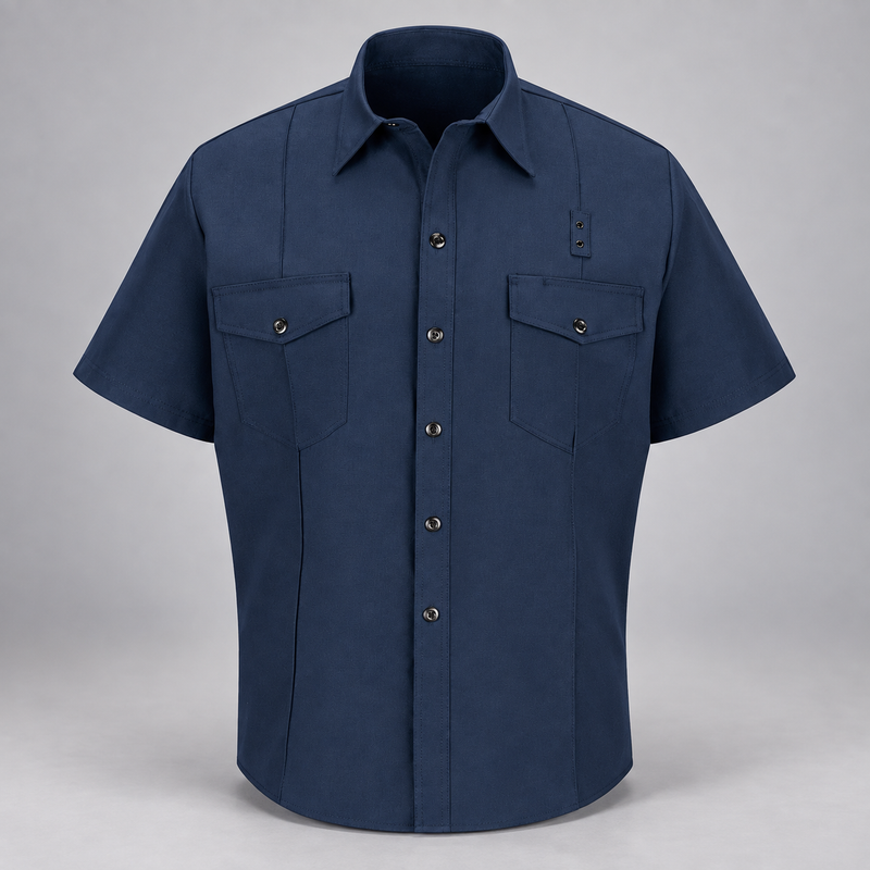 Workrite FSF2 men's classic short sleeve firefighter shirt in Navy, front view on light gray background