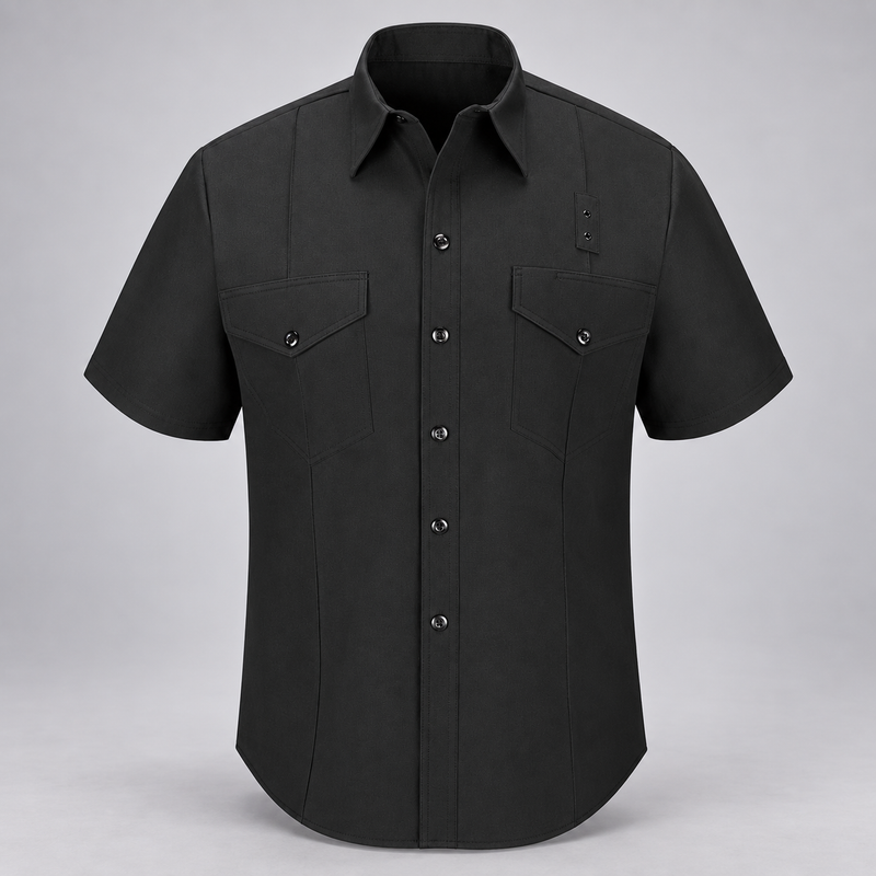 Workrite FSF6 men's classic short sleeve Western firefighter shirt in Black, front view on light gray background