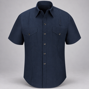 Workrite FSF6 men's classic short sleeve Western firefighter shirt in Midnight Navy, front view on light gray background