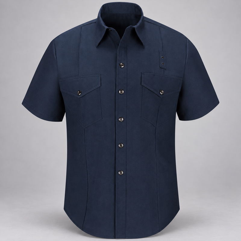 Workrite FSF6 men's classic short sleeve Western firefighter shirt in Midnight Navy, front view on light gray background