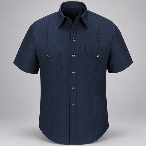 Workrite FSF6 men's classic short sleeve Western firefighter shirt in Midnight Navy, front view on light gray background