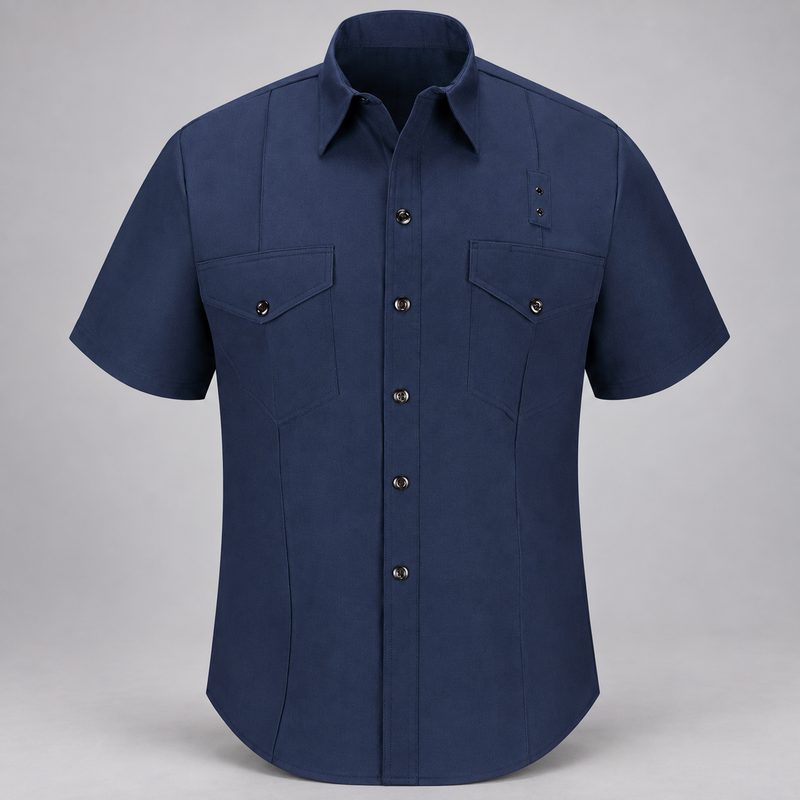Workrite FSF6 men's classic short sleeve Western firefighter shirt in Navy, front view on light gray background