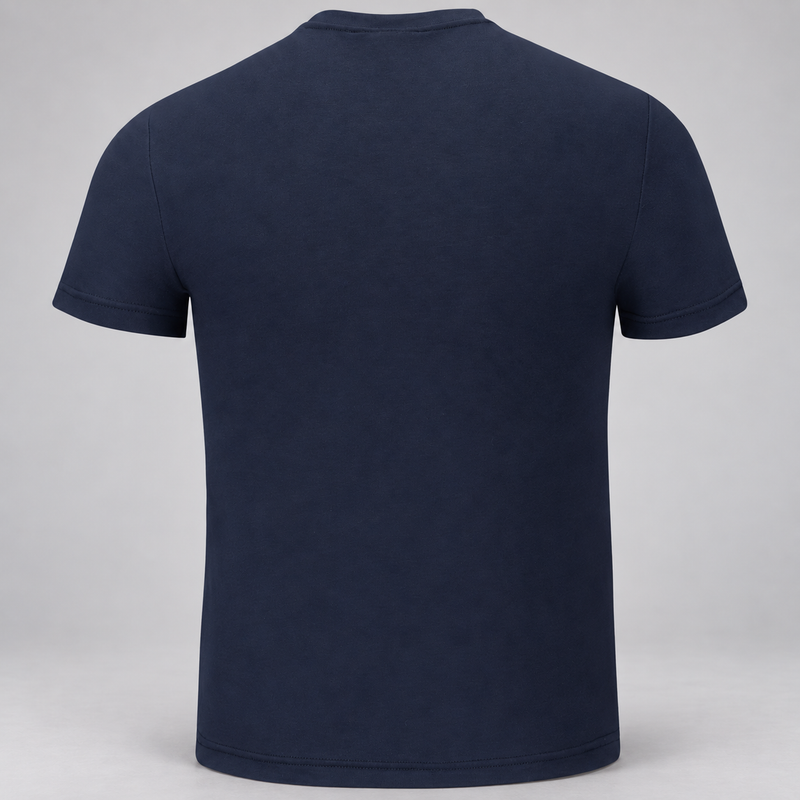 Workrite FT34 men's station wear base layer tee in Navy, back view on light gray studio background