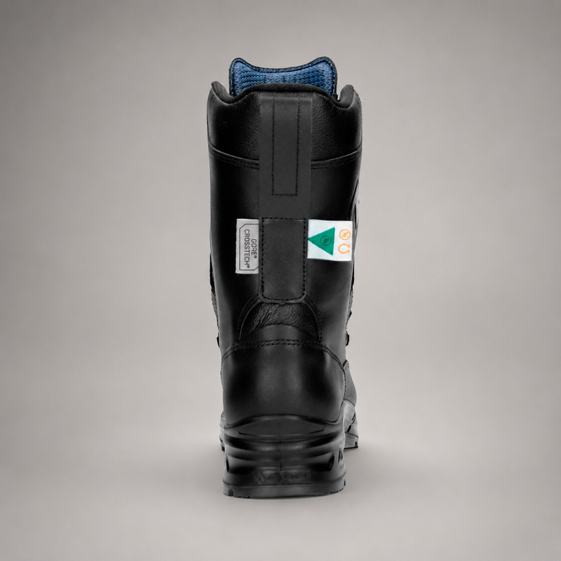 Rear view of HAIX Airpower XR1 Pro firefighter boot with CROSSTECH waterproof liner