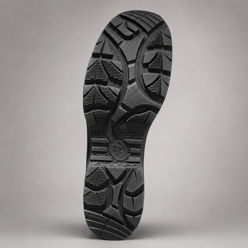 A close-up studio shot of the textured black rubber outsole of a shoe, showing the tread pattern against a neutral gray background.
