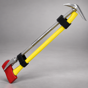 Two black polypropylene marrying straps securing a Hooligan tool to a yellow-handled flat-head axe
