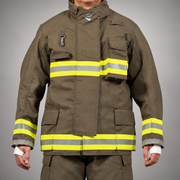 Front view of the khaki INNOTEX RDG20 coat showing chest and lower pockets, reflective trim and white wristlets.