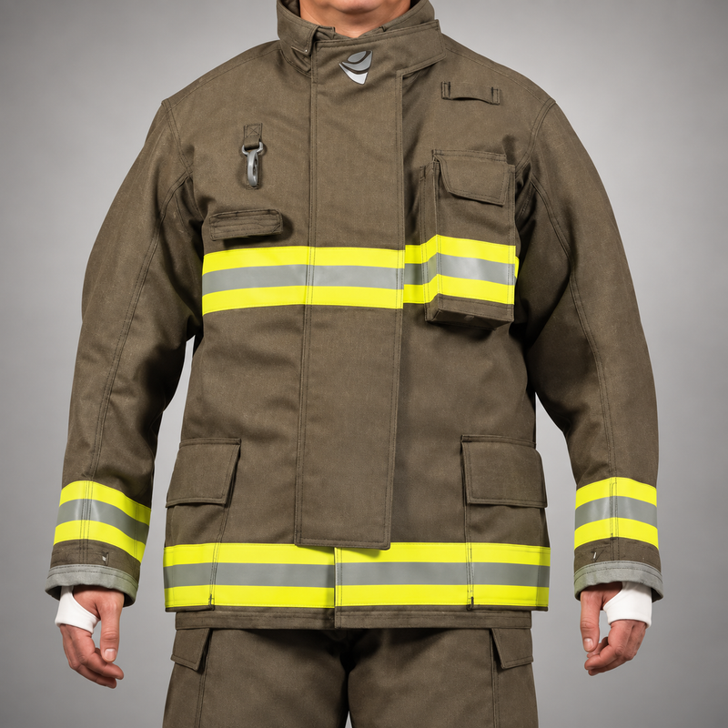 Front view of the khaki INNOTEX RDG20 coat showing chest and lower pockets, reflective trim and white wristlets.
