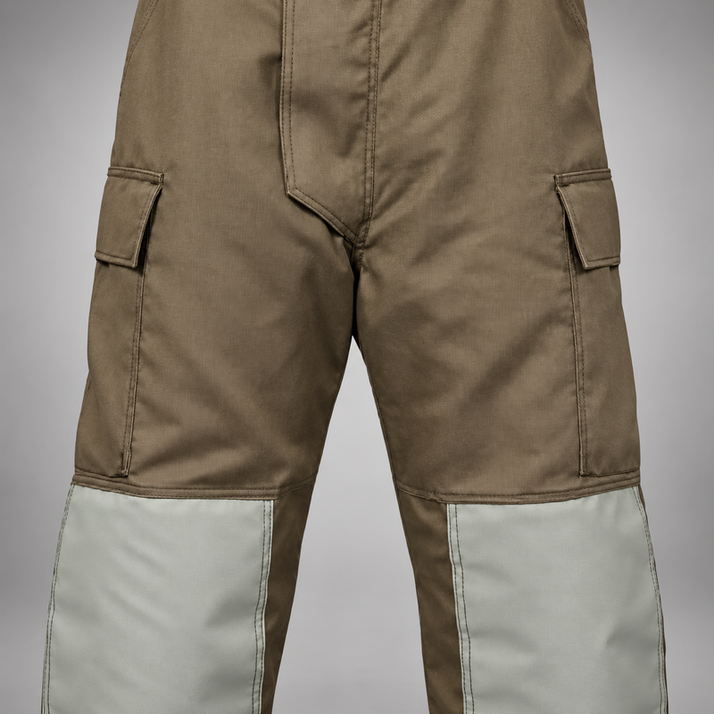 Close-up of khaki INNOTEX RDG20 turnout pants showing flap-covered side pockets and gray knee reinforcements.