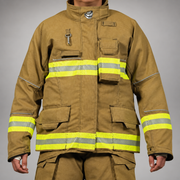 Front view of the gold INNOTEX RDG40 coat showing chest pockets, lower pockets, reflective trim and wristlets.