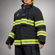 Close-up of the INNOTEX RDG50 coat’s raised black collar and overlapping throat closure.