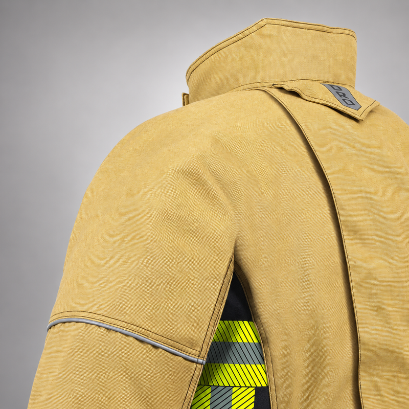 Rear close-up of the RDG60 coat showing the raised collar, shoulder construction, back pleat, and reflective piping.