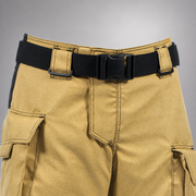 Front close-up of the RDG60 pants waist showing a black adjustable belt, buckle, belt loops, and covered front closure.