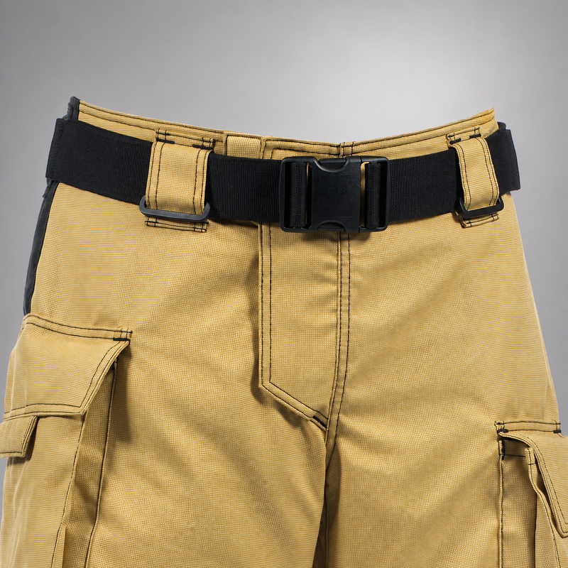 Front close-up of the RDG60 pants waist showing a black adjustable belt, buckle, belt loops, and covered front closure.