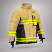 Front angled view of a gold-and-black INNOTEX RDG60 turnout coat with raised collar, chest pocket, and reflective trim.