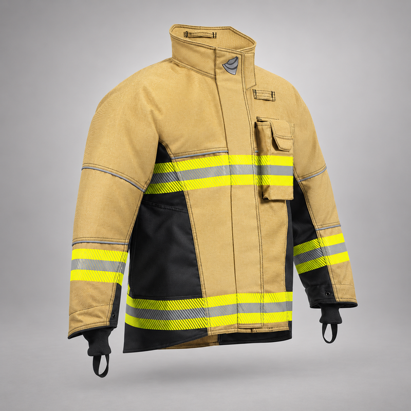 Front angled view of a gold-and-black INNOTEX RDG60 turnout coat with raised collar, chest pocket, and reflective trim.