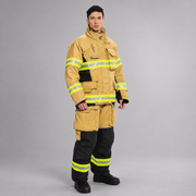Firefighter wearing a gold-and-black INNOTEX RDG60 turnout coat with matching pants and reflective trim.