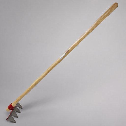Mower blade rake with a long wooden handle and four triangular steel cutting teeth