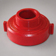 Red polycarbonate fire hose reducer fitting with threaded outlet for fire hose connections