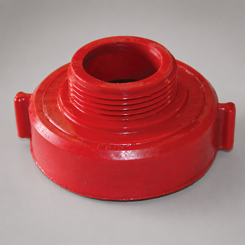 Red polycarbonate fire hose reducer fitting with threaded outlet for fire hose connections