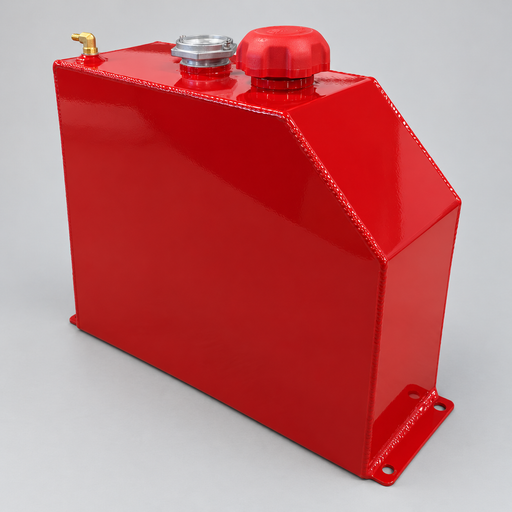 Red five-gallon welded aluminum fuel tank with top fittings and mounting feet on light gray background