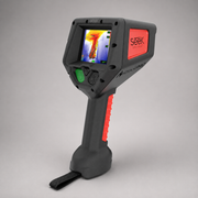 Angled front view of Seek AttackPRO 300 firefighter thermal imaging camera with display and controls